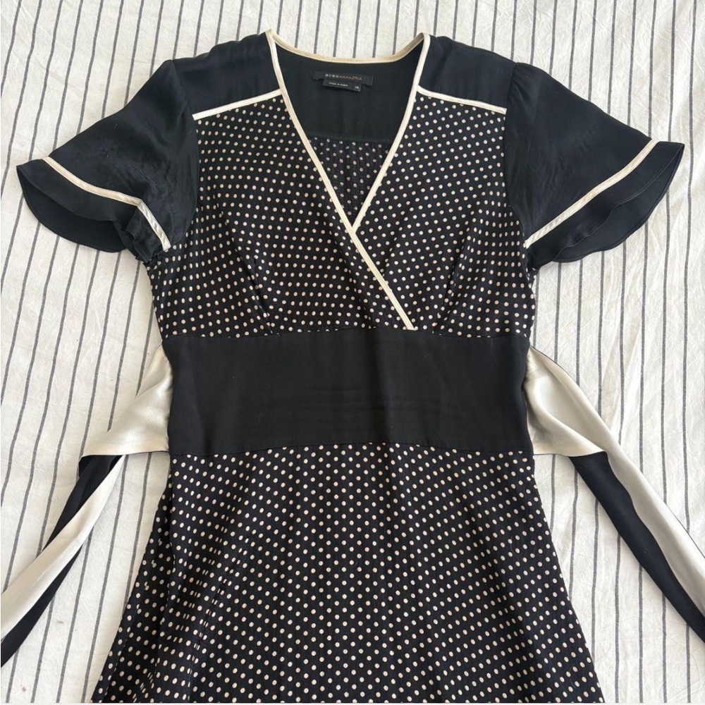 BCBGMaxAzria Black Polka Dot Midi Dress with Cream Trim